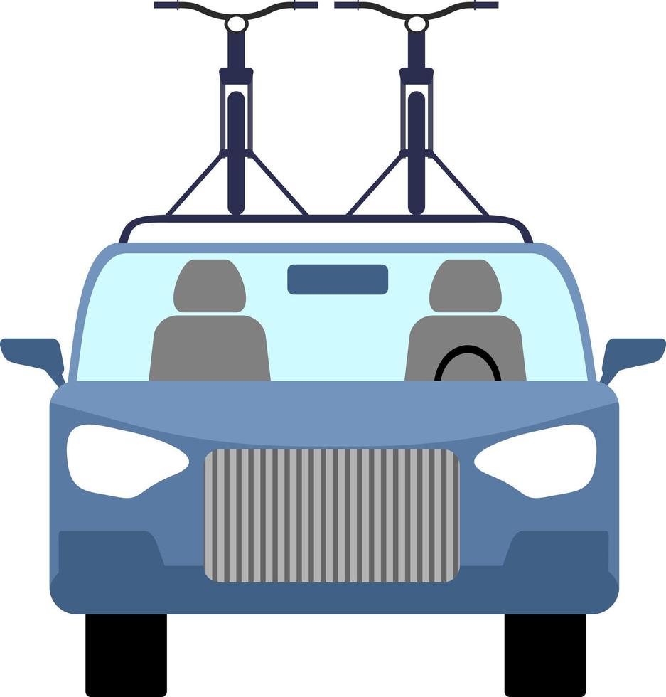 Man driving red car with bike on the roof rack vector