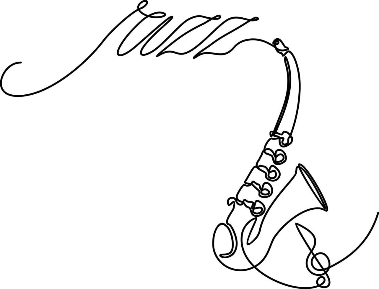 Wind music instruments concept. Modern single line graphic draw design vector illustration. Jazz saxophone music instruments line drawing. Music icon lettering jazz and saxophone one line drawing