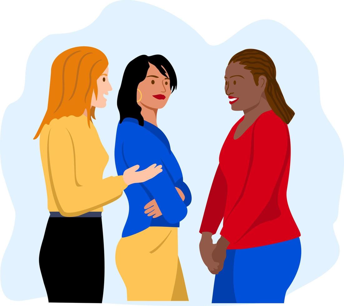 Multinational women friends talking together. Diverse girlfriends together. Three women talking vector