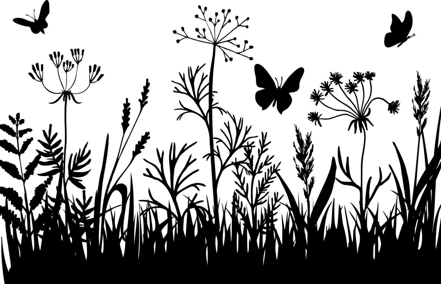 Grass borders. Black silhouette of grass, spikes and herbs vector