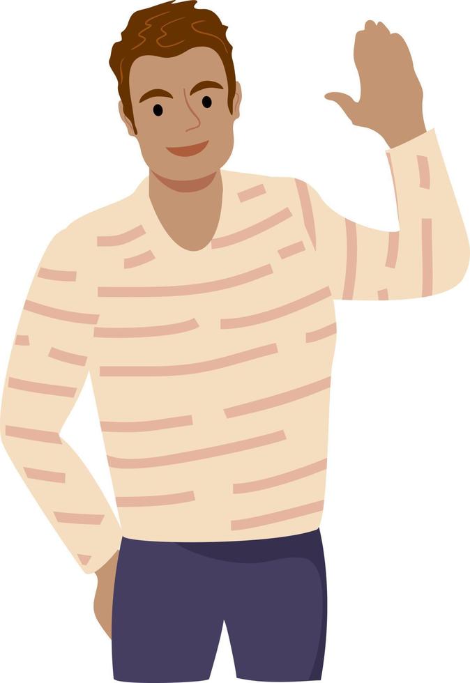 Guy waving hand saying hi. Greeting gesture vector