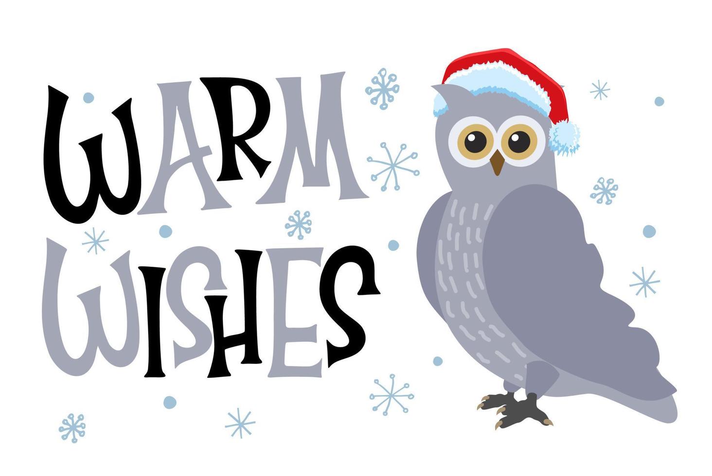 Cute owl with Santa Claus hat in a snowy day. Warm wishes for lettering. vector