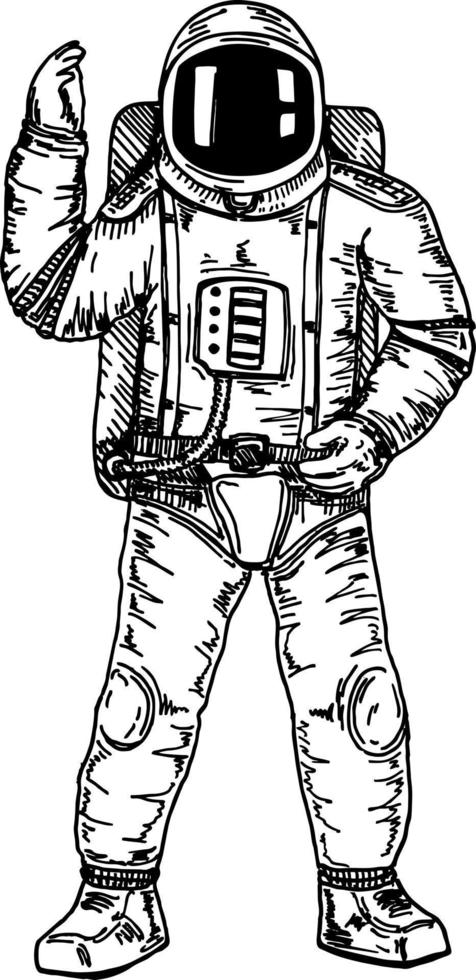 Hand drawn Astronaut with black glass on the helmet. Spaceman. Astronaut with his hand raised in greeting. Sketch vector