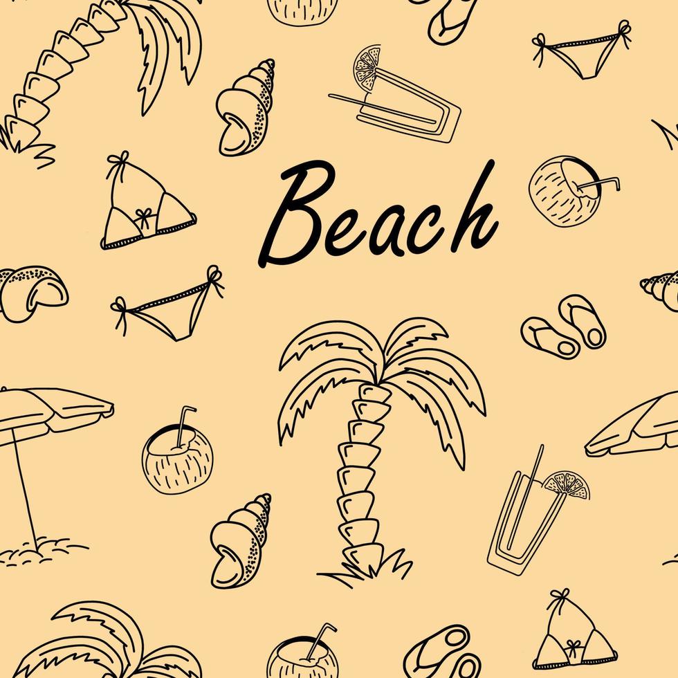 WebHand drawn seamless summer pattern with beach icons. Sketch background on a beach theme. Vector illustration