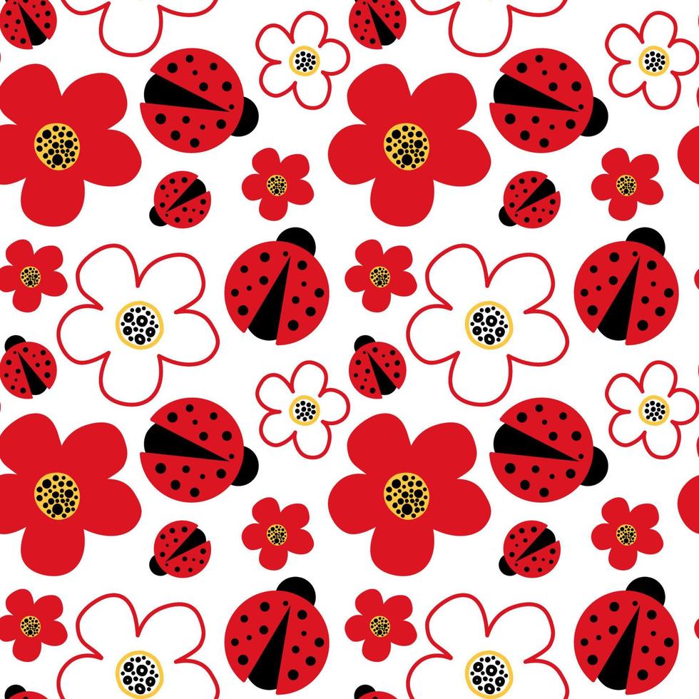 Vector summer background, seamless pattern. Pattern with red flowers and ladybugs. Use for fashion wear, t-shirt print, textile, surface design.