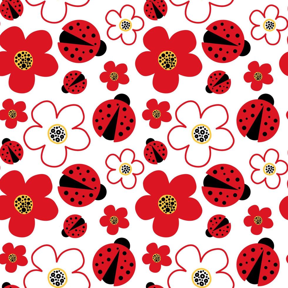 vector fondo de verano, patrón sin costuras. sin fisuras con flores rojas y mariquitas. uso para ropa de moda, estampado de camisetas, textil, diseño de superficie.