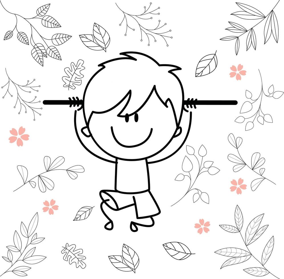 cartoon illustration of little boy having fun in sports activities hanging vector