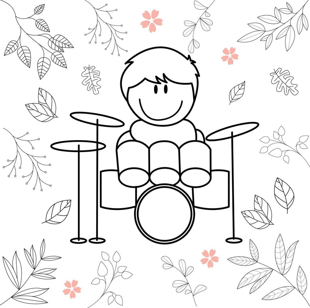 cartoon illustration of little boy having fun playing drums vector