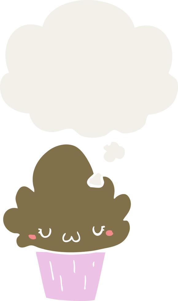 cartoon cupcake with face and thought bubble in retro style vector