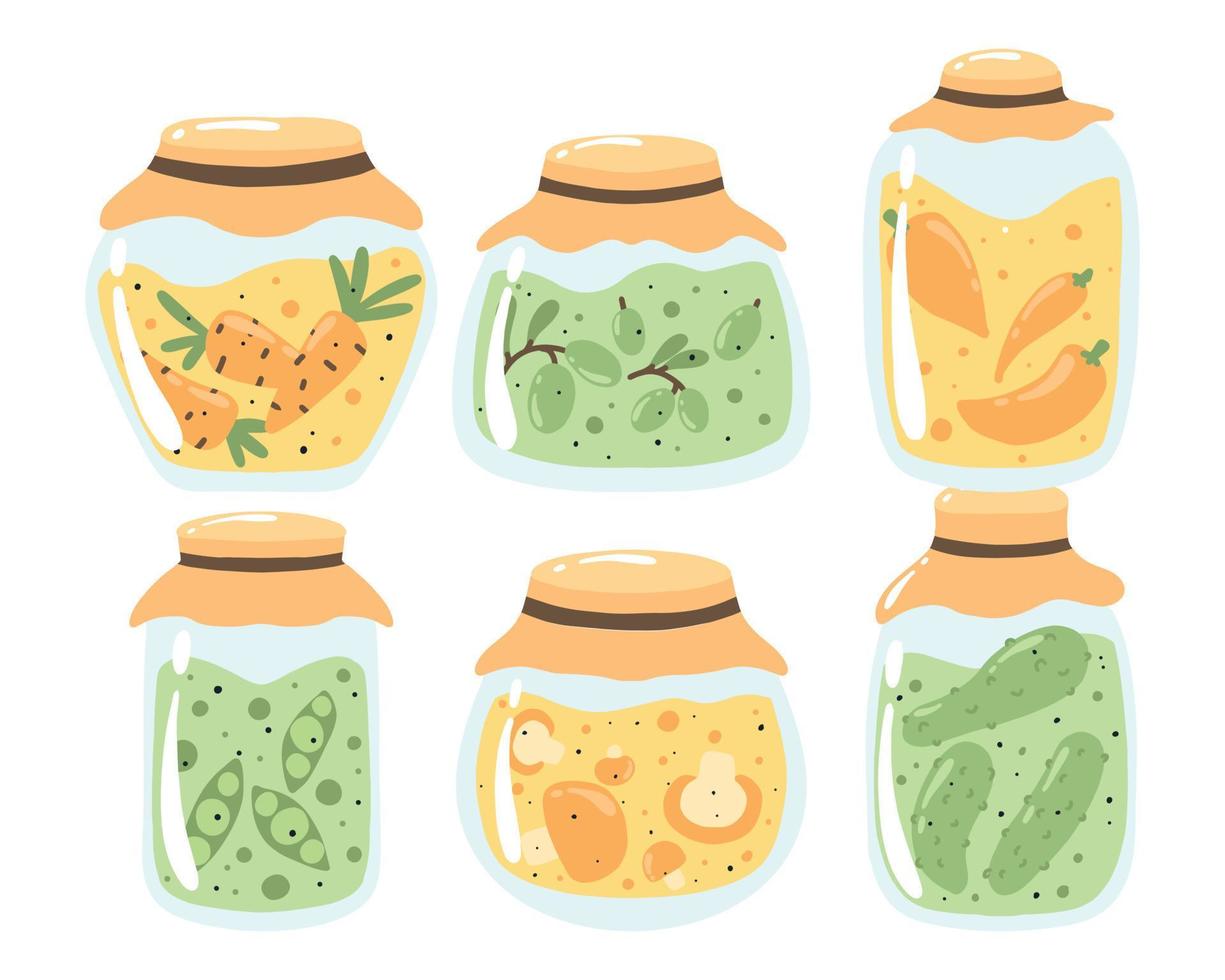 conjunto de encurtidos. encurtidos caseros con pepino, aceitunas y zanahorias. verduras enlatadas caseras. ilustración vectorial vector