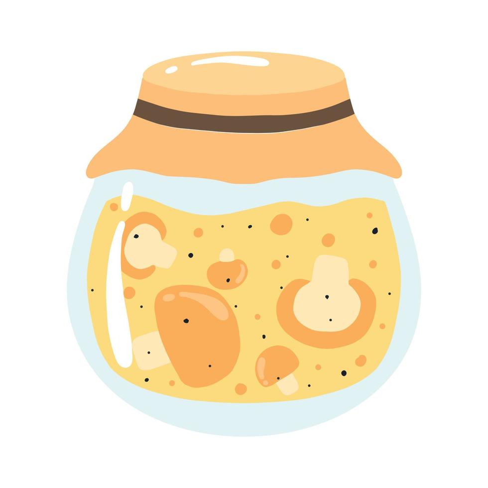 Pickles with mushrooms. Jar with canned mushrooms. Homemade pickles. Pickles from vegetables. Vector illustration.