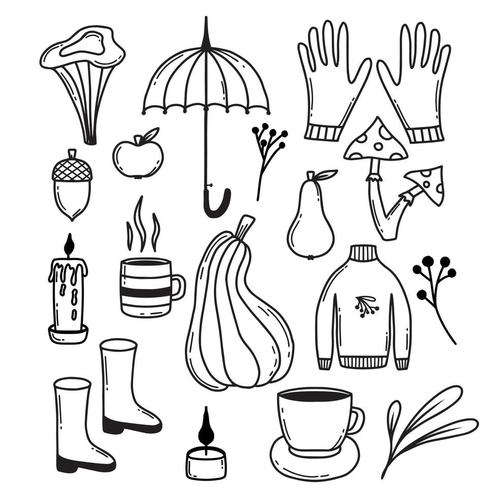 Autumn set of elements in doodle style. Collection with autumn leaves, pumpkins, mushrooms, berries and more. Vector illustration. Hello, Autumn. Doodle style.