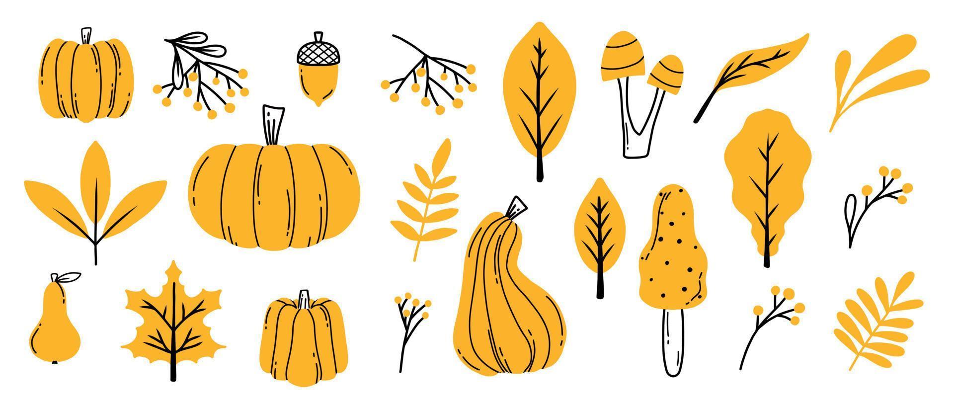 Autumn set. Autumn pumpkins, leaves, berries and mushrooms. Doodle style. Collection of autumn plants. Vector illustration.