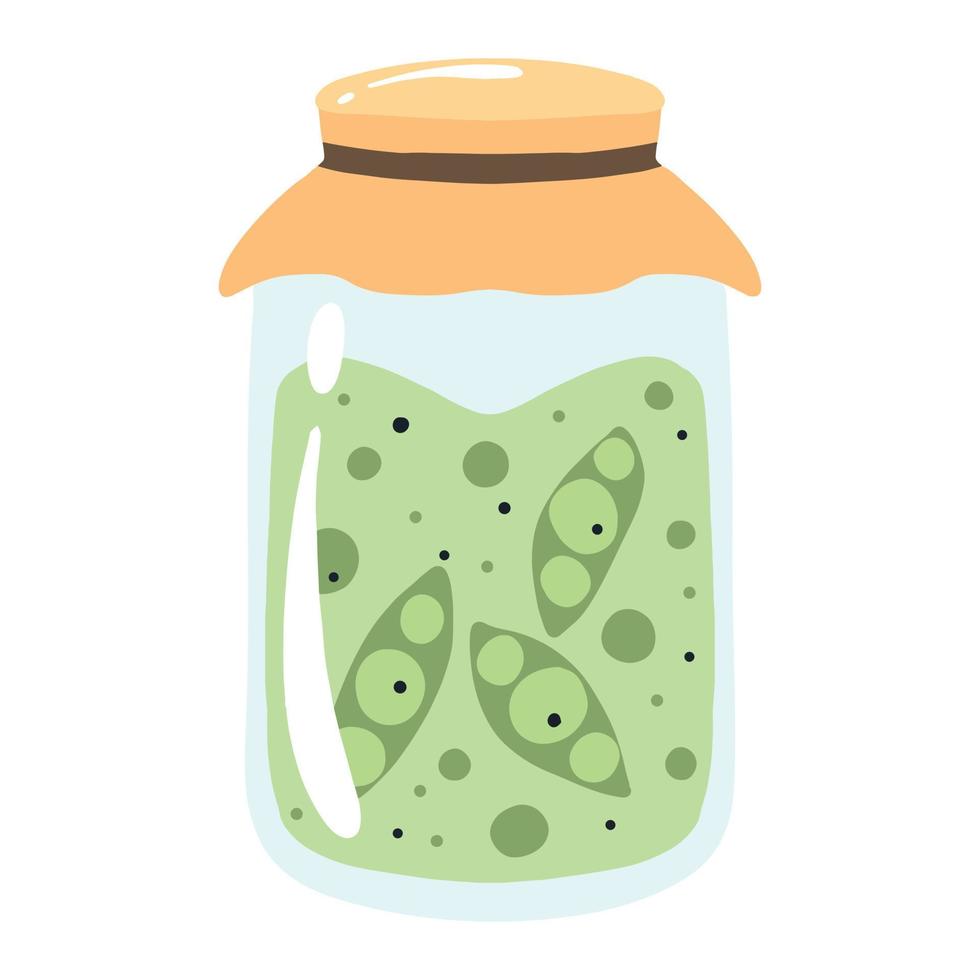 Pickles with peas. A jar of canned beans. Homemade pickles. Pickles from vegetables. Vector illustration.