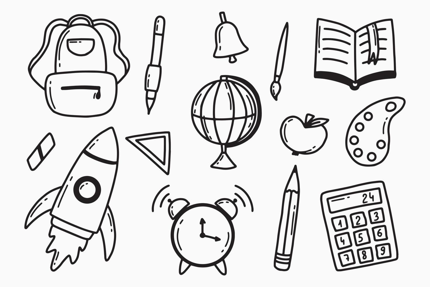 Back to school set. Doodle style. School elements set. Globe, backpack, pen, calculator, alarm clock, pencil. Vector illustration.