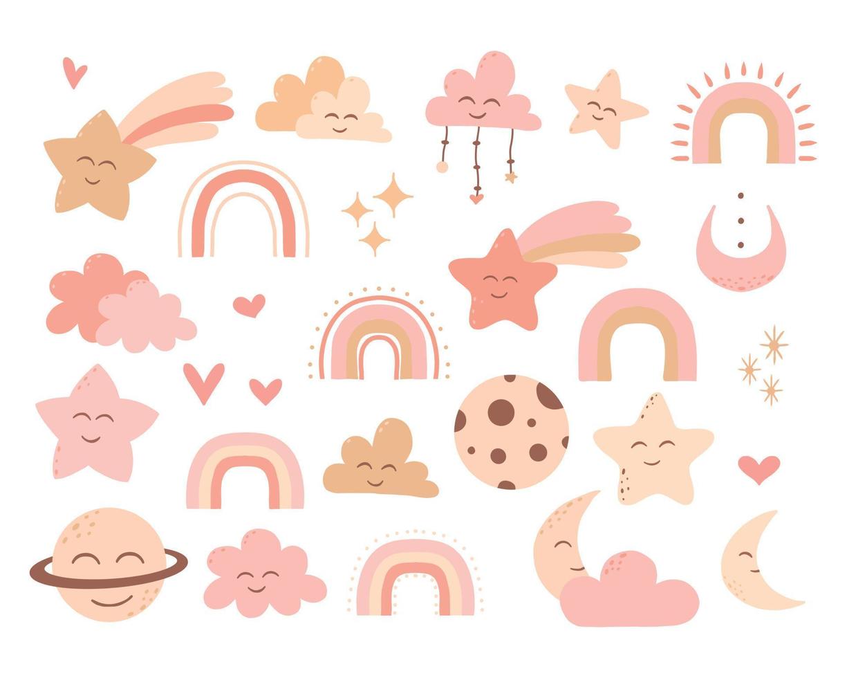 Set of cute boho baby objects in Scandinavian style. Boho style nursery decoration.Vector hand drawn boho clipart for nursery decoration with cute rainbows and moon, sun, cloud. Vector illustration