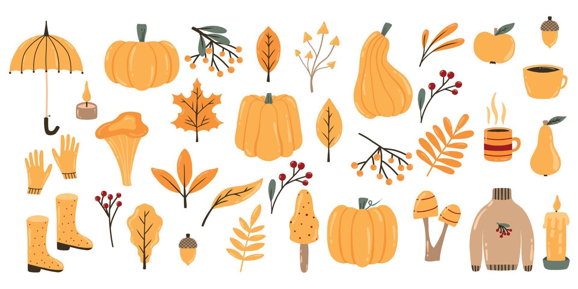 conjunto de elementos de otoño. colección con hojas de otoño, calabazas, champiñones, bayas y más. ilustración vectorial Hola otoño. vector