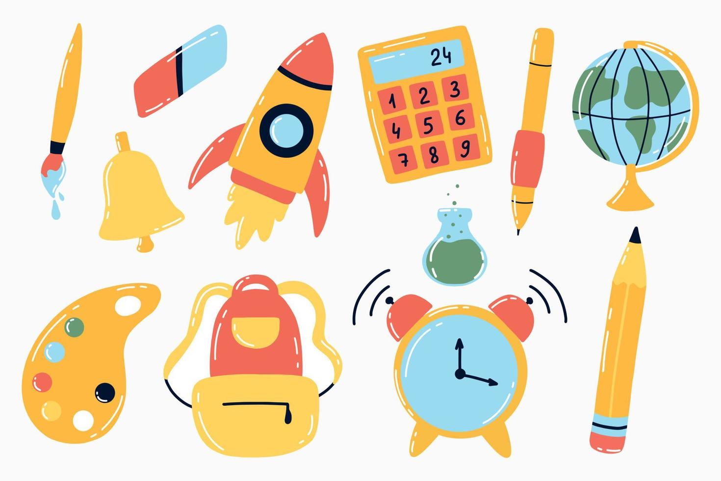 Back to school set. School elements set. Globe, backpack, pen, calculator, alarm clock, pencil. Vector illustration.