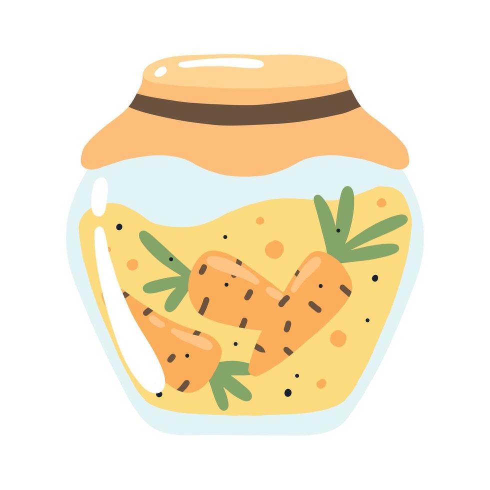 Pickles with carrots. A jar of canned carrots. Homemade pickles. Pickles from vegetables. Vector illustration.