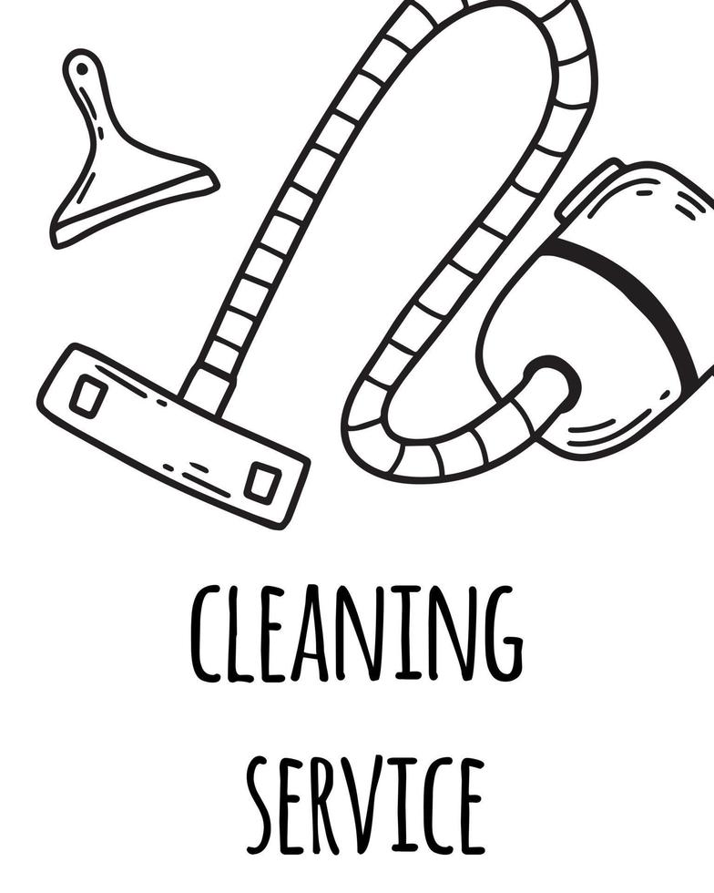 servicio de limpieza. limpieza de la casa. ilustración vectorial estilo garabato. volante de servicio de limpieza. aspiradora y burbujas. vector