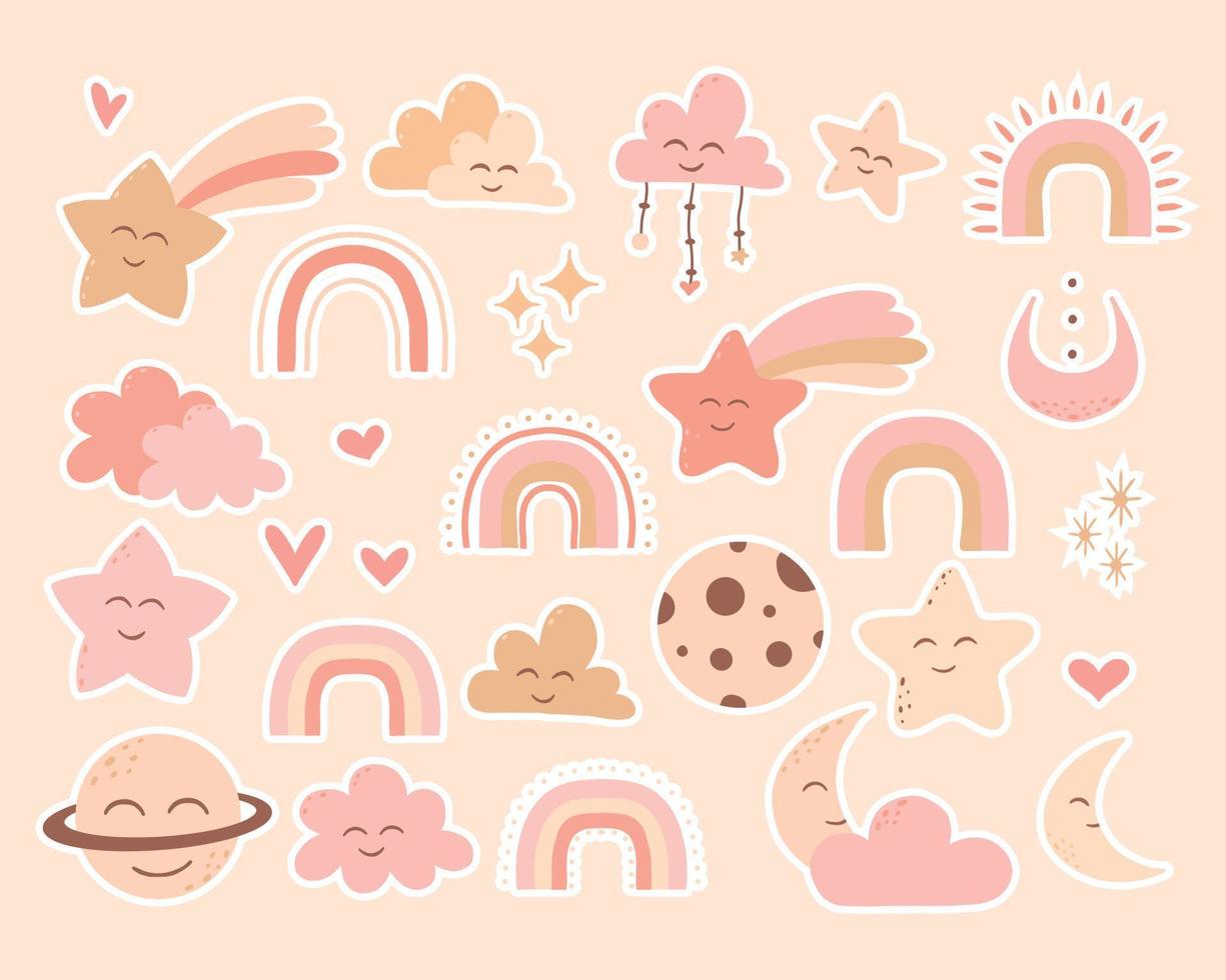 Set of boho stickers. Cute stickers with moon, stars and clouds. Stickers in boho style. Vector illustration.