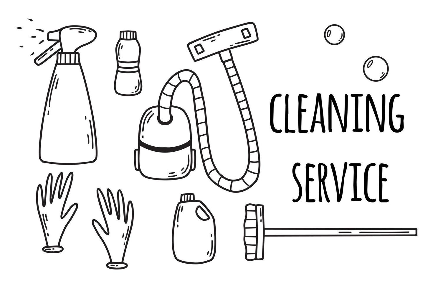 Cleaning service. House cleaning. Vector illustration. Doodle style. Cleaning service flyer. Vacuum cleaner, spray and bubbles.