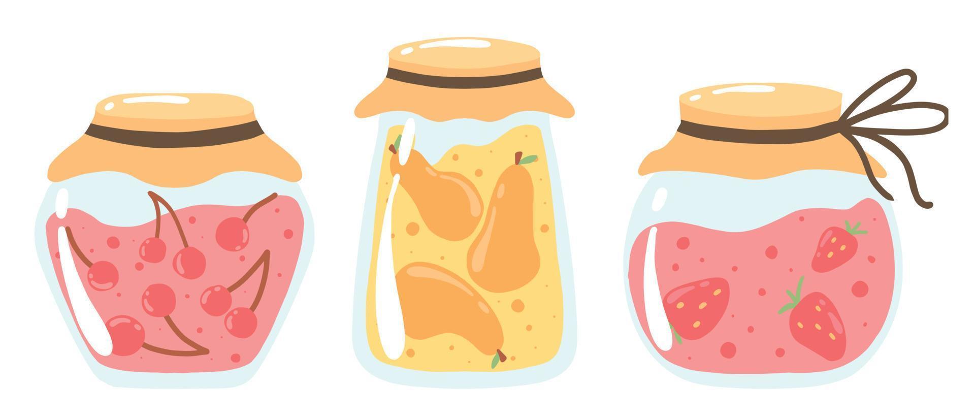 un juego de tarros con mermelada. colección de mermelada. mermelada con fresas, cerezas y peras. ilustración vectorial mermelada casera. vector