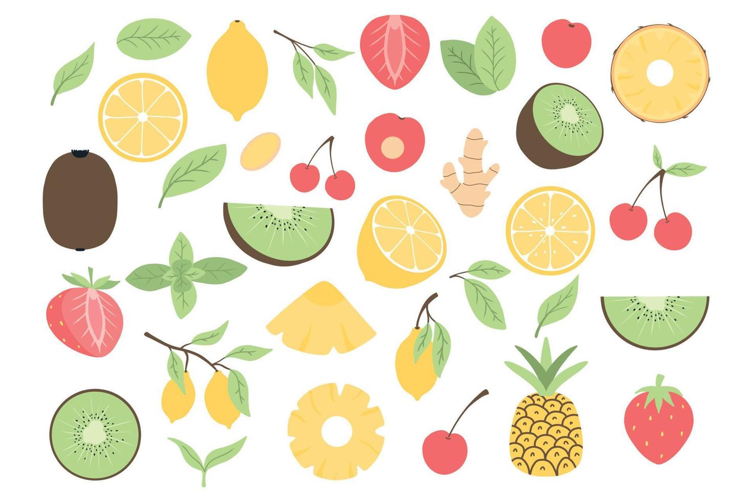 conjunto de frutas y bayas. limón. piña, kiwi. fresa cereza en estilo garabato. frutos enteros. piezas de fruta.ilustración vectorial. vector