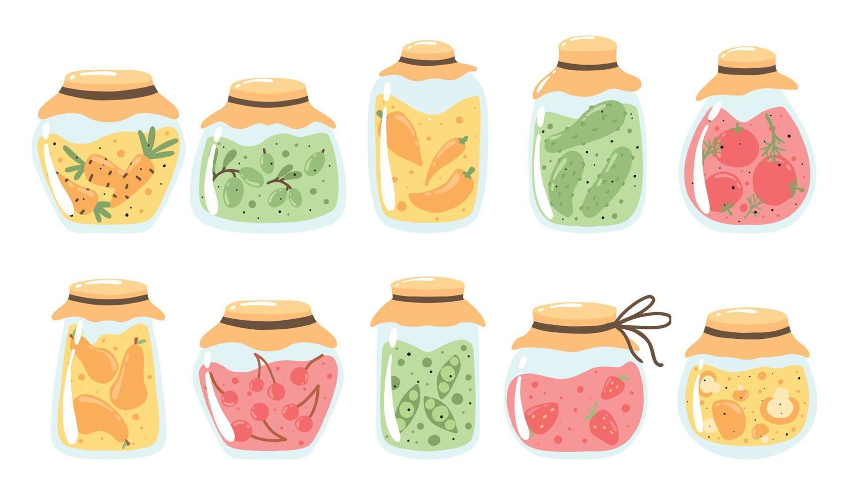 A set of pickles and jams. Collection of jars of pickles with cucumbers, tomatoes, peppers, olives, mushrooms. Strawberry, cherry and pear jam. Vector illustration.