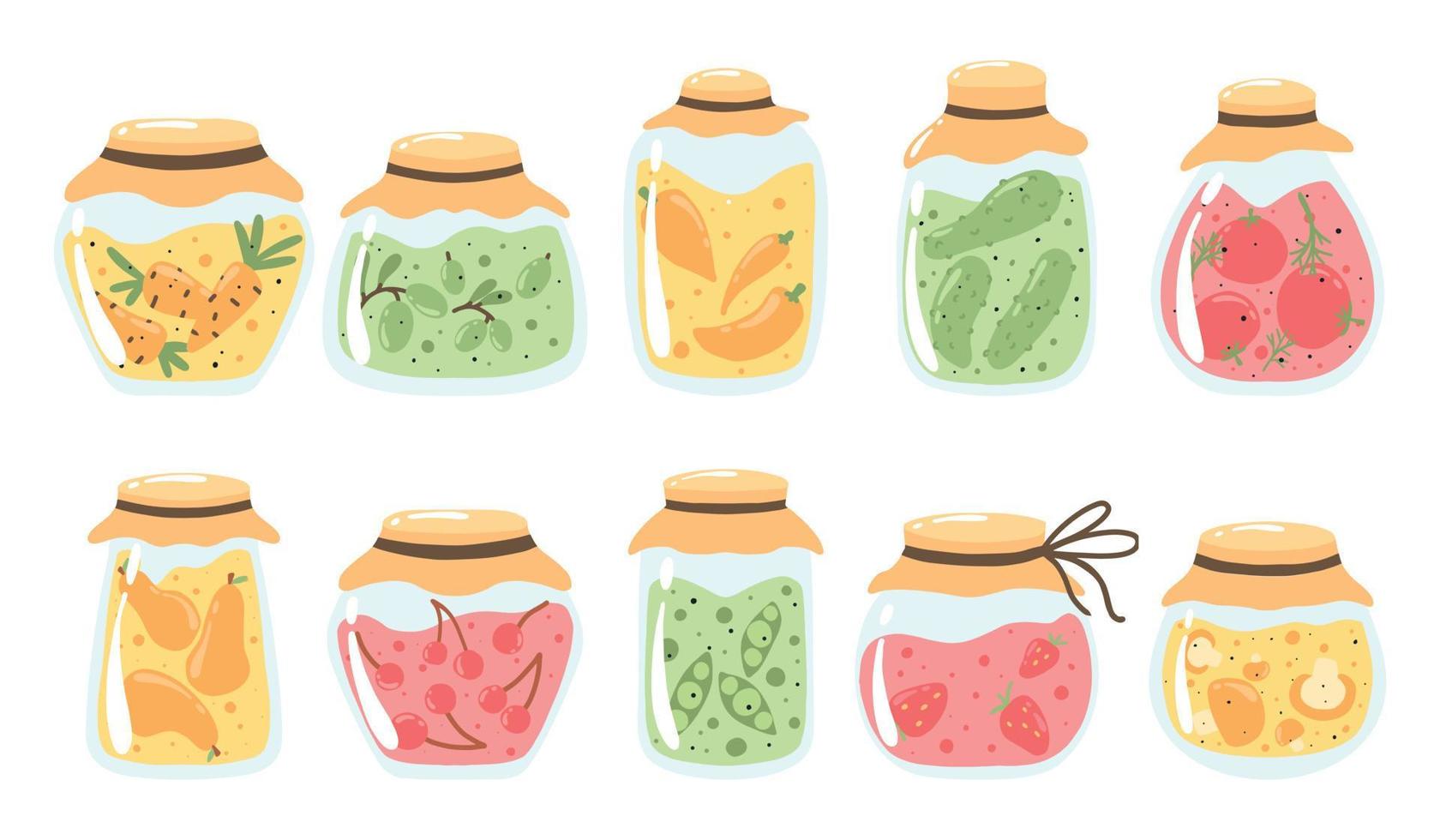 un conjunto de encurtidos y mermeladas. colección de tarros de encurtidos con pepinos, tomates, pimientos, aceitunas, champiñones. mermelada de fresa, cereza y pera. ilustración vectorial vector