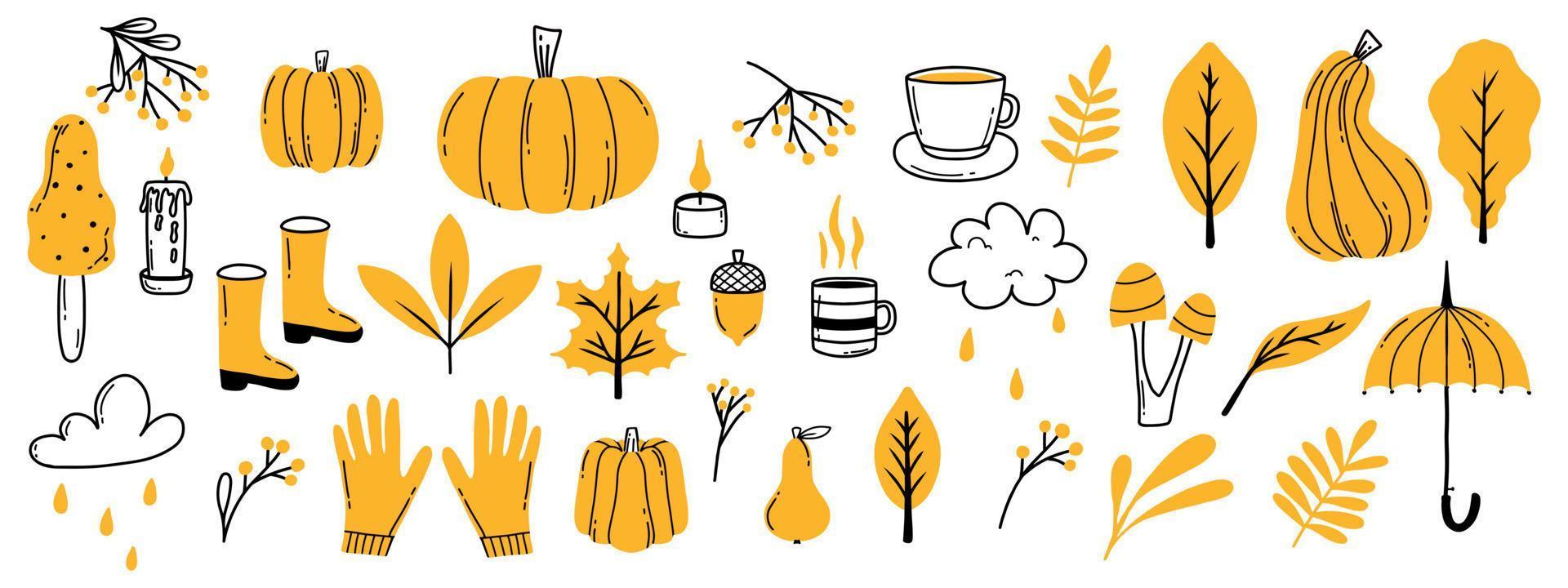 Autumn set of elements in doodle style. Collection with autumn leaves, pumpkins, mushrooms, berries and more. Vector illustration. Hello, Autumn. Doodle style.