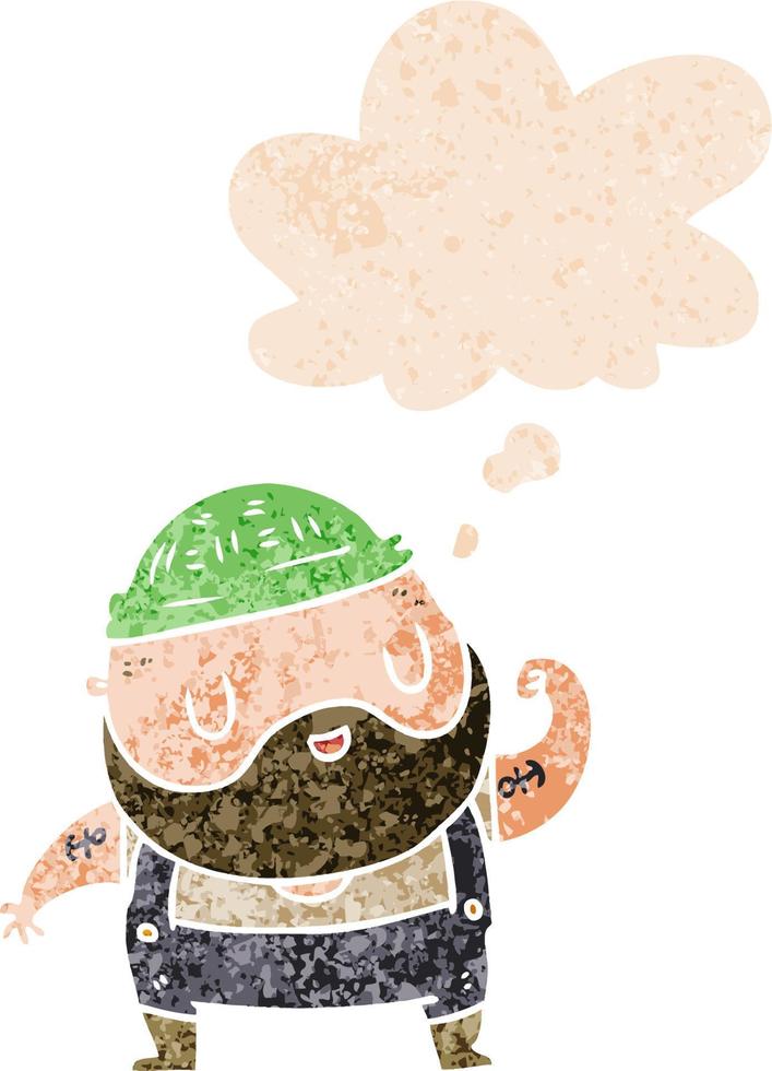 cartoon dock worker and thought bubble in retro textured style vector