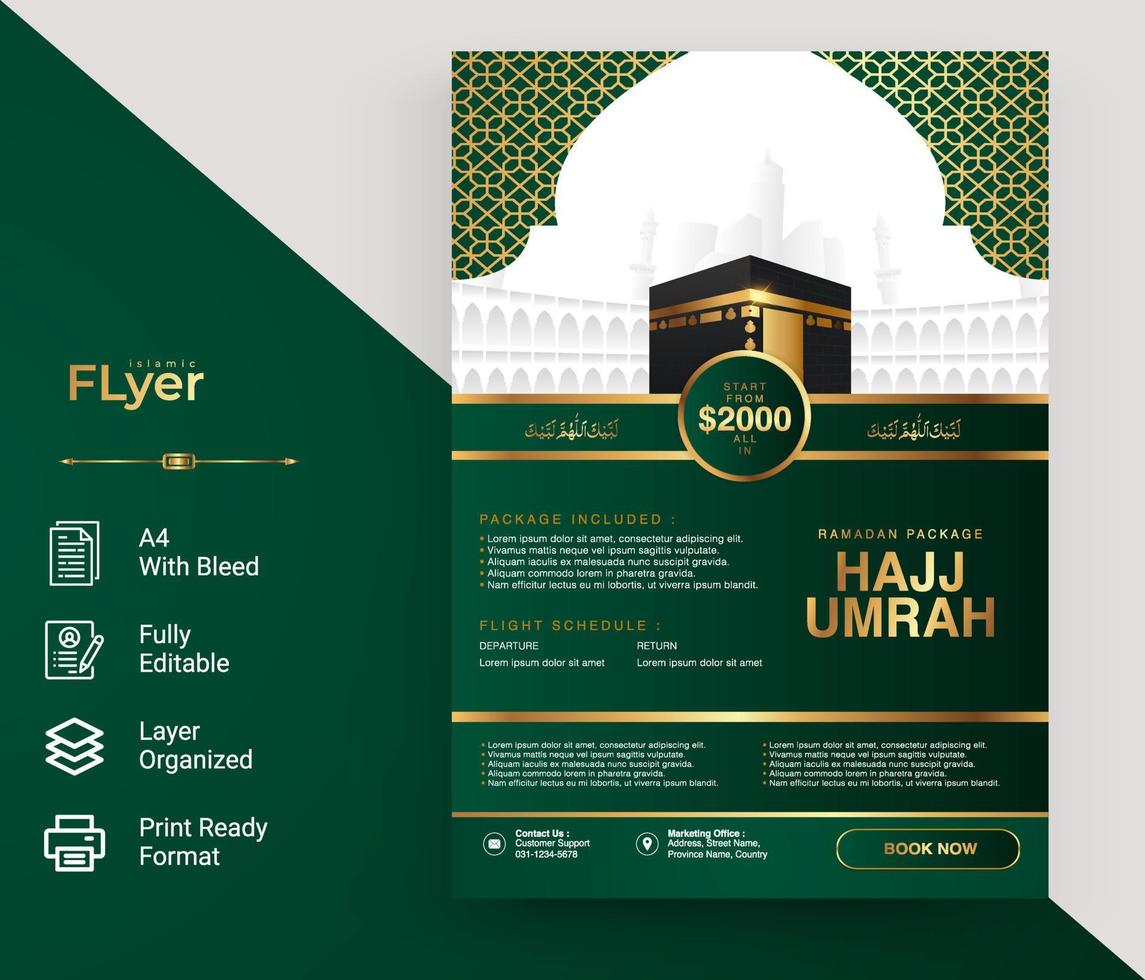 Flyer design for hajj Umrah with green and gold color vector