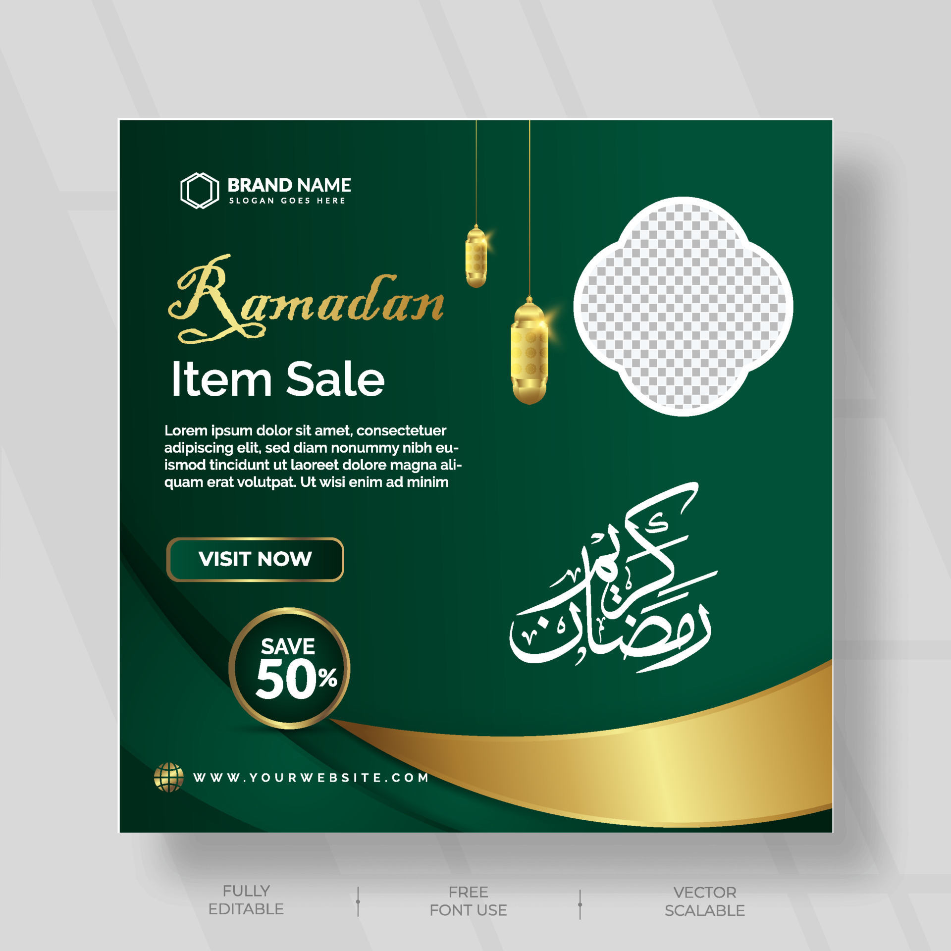 social media post design for ramadan item sale with green and gold