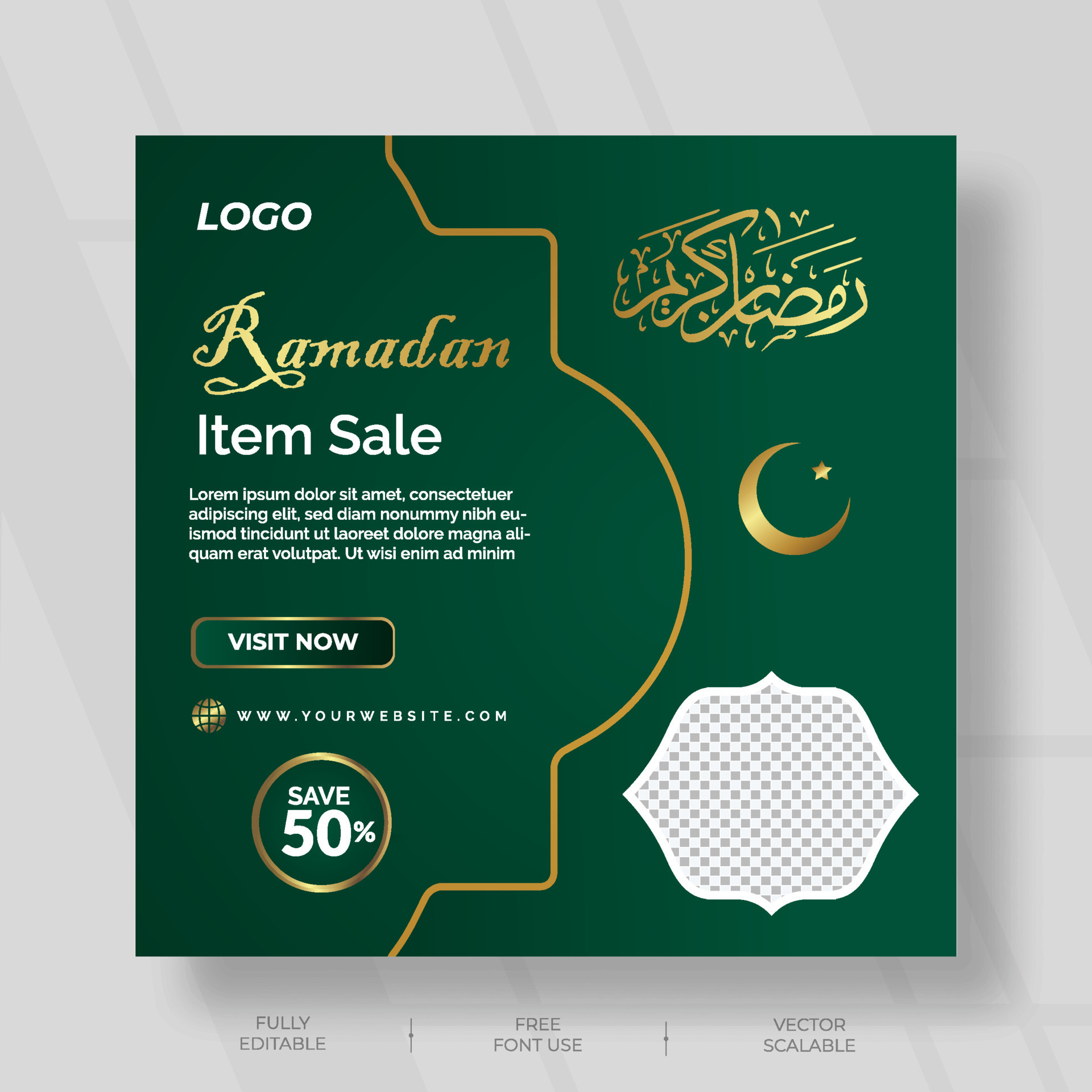 social media post design for ramadan item sale with green and gold