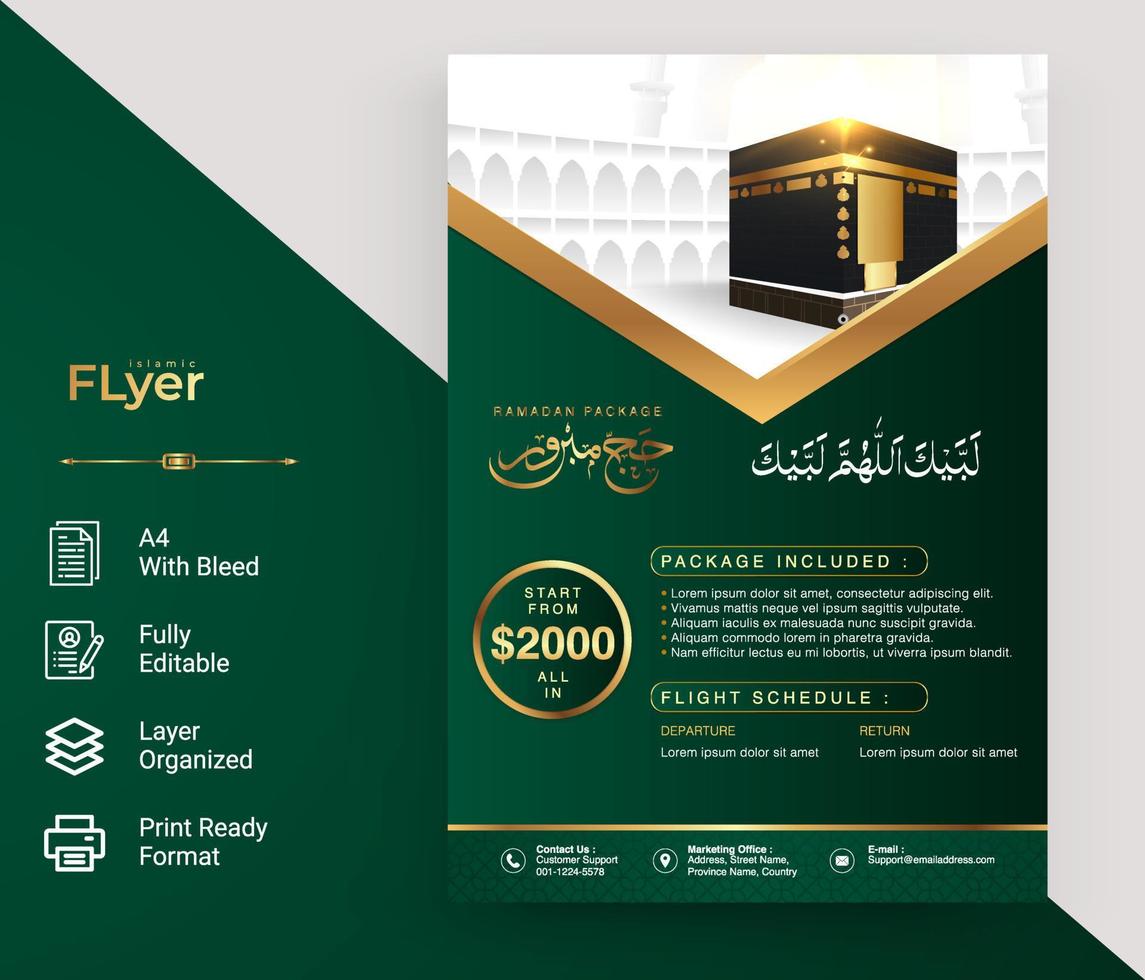 Flyer design for hajj Umrah with green and gold color vector