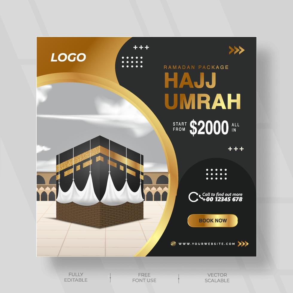Social media post for hajj Umrah with black and gold color vector