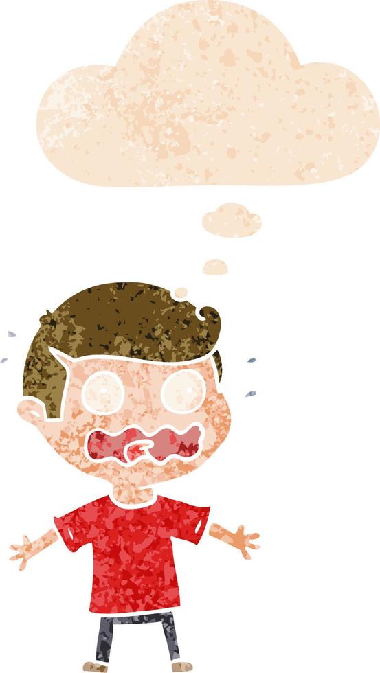 cartoon man totally stressed out and thought bubble in retro textured style vector