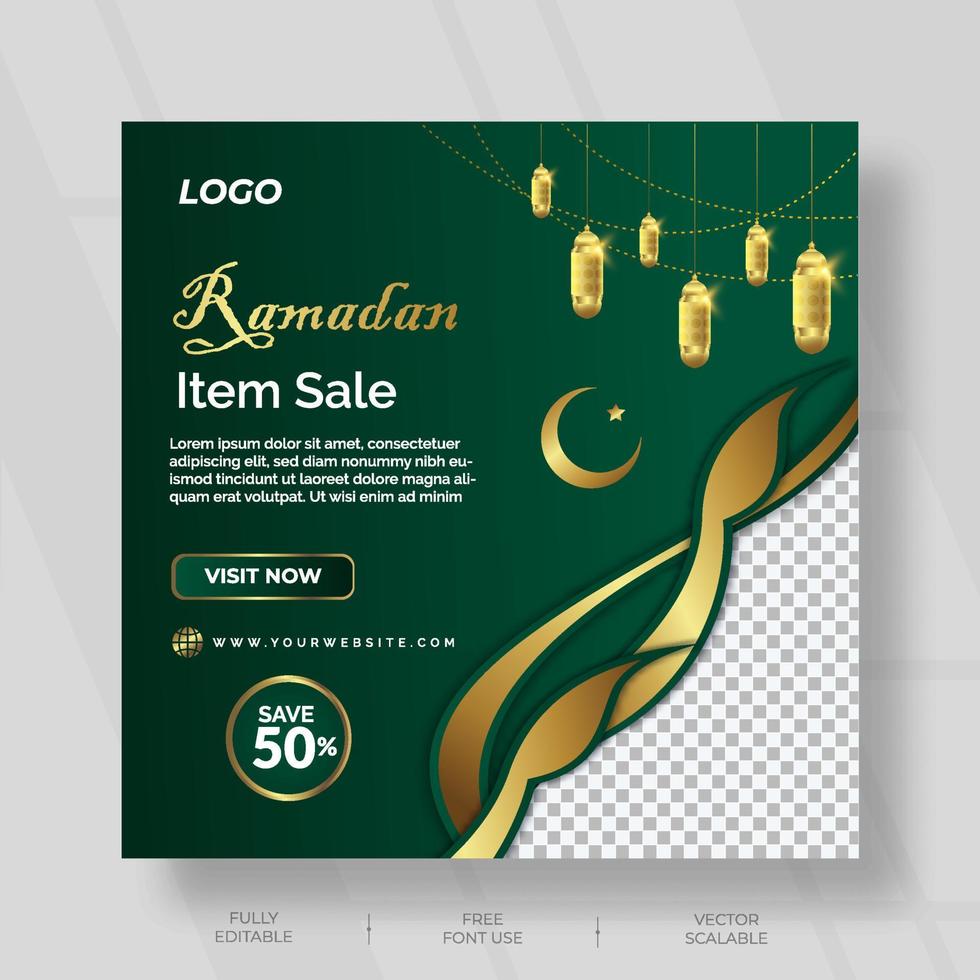 social media post design for ramadan item sale with green and gold color vector