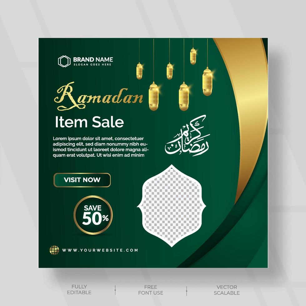 social media post design for ramadan item sale with green and gold color vector