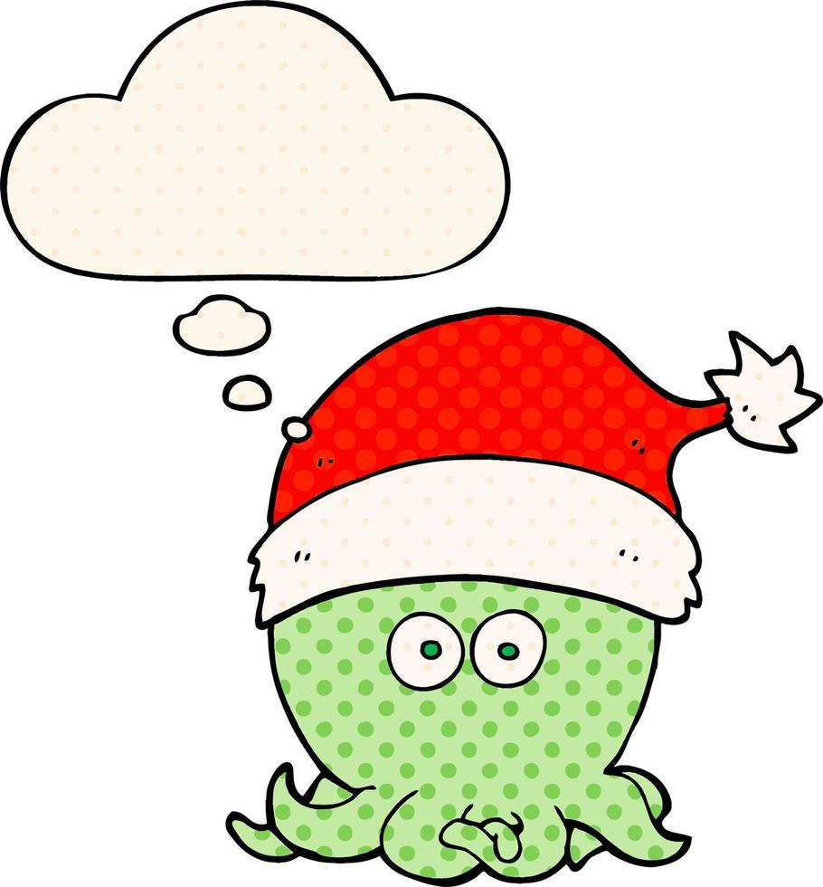 cartoon octopus wearing christmas hat and thought bubble in comic book style vector