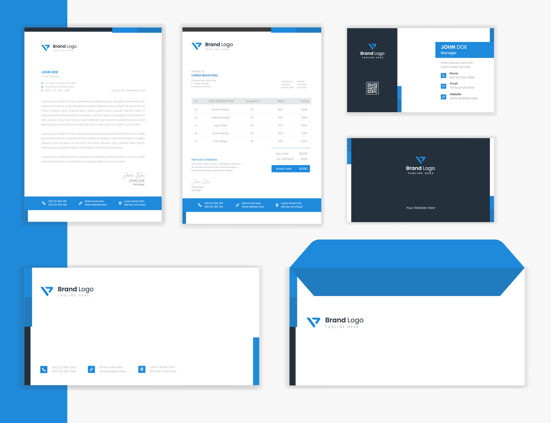 Blue corporate Stationery design template set, creative business stationery layout bundle with