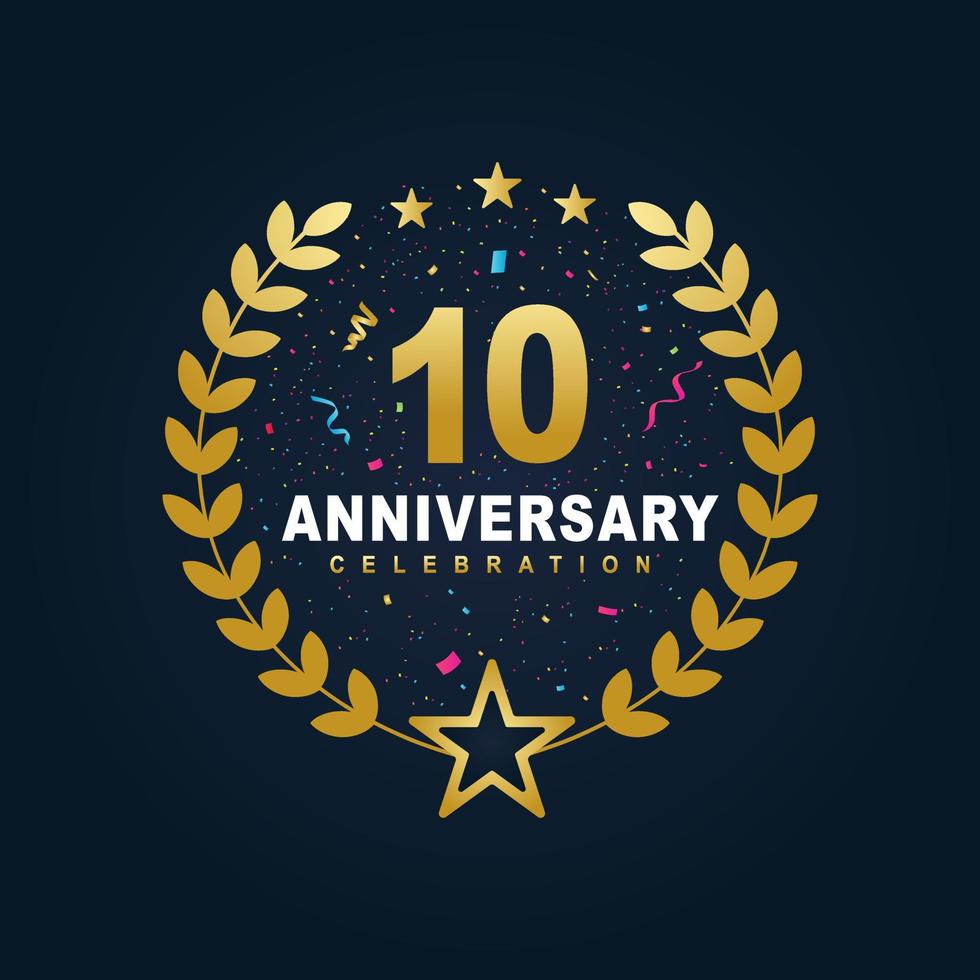 Diseño de celebración de 10 años, lujoso diseño de aniversario de 10 años en color dorado. vector
