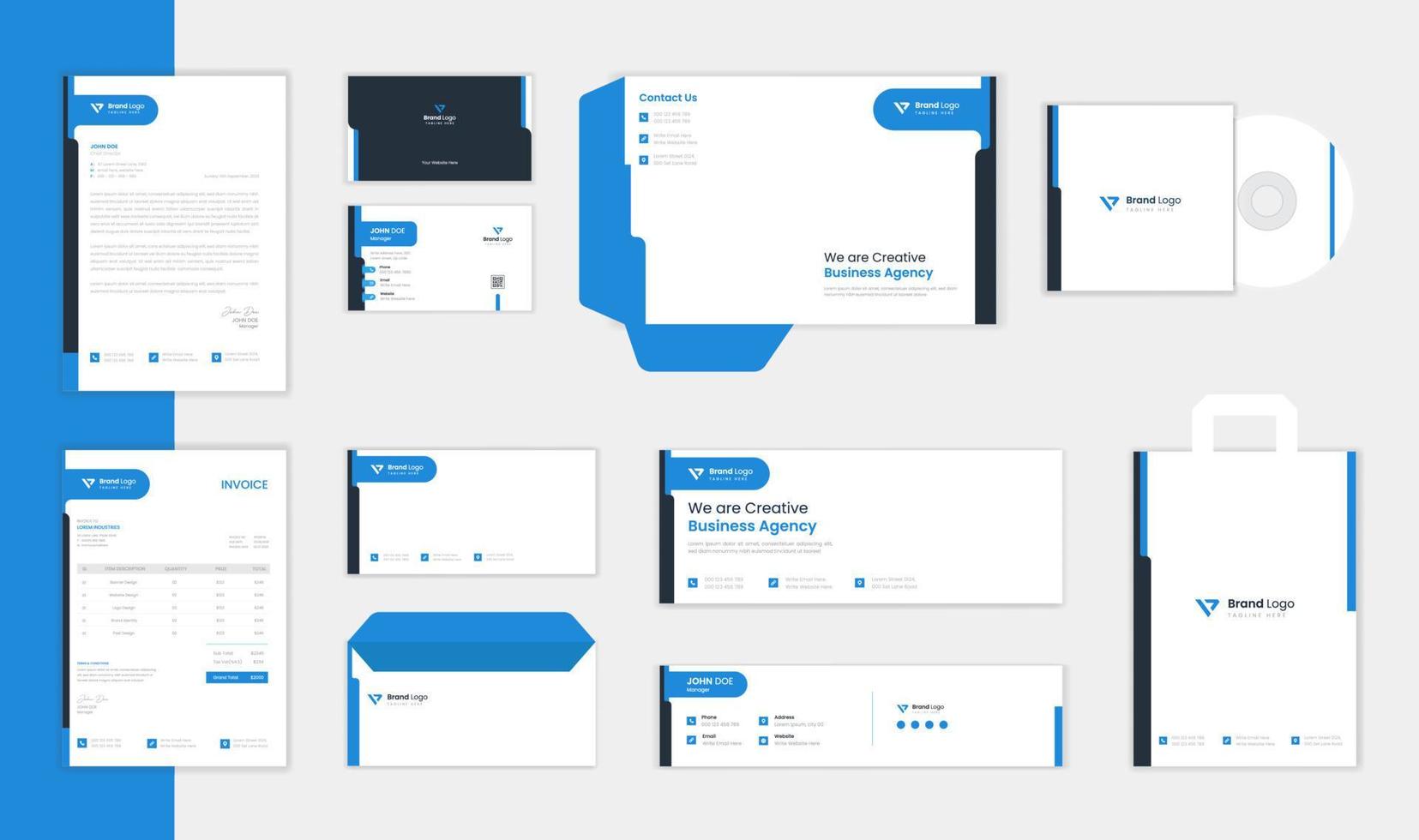 conjunto de diseño de papelería empresarial azul, plantilla de papelería de identidad de marca corporativa con membrete y tarjeta de visita vector