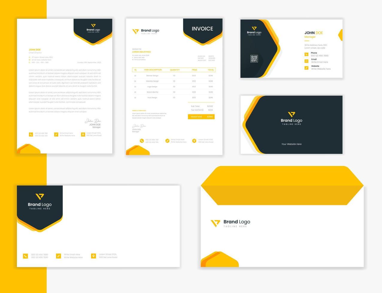 Yellow Corporate Stationery design template set, business identity stationery layout collection with letterhead, business card vector