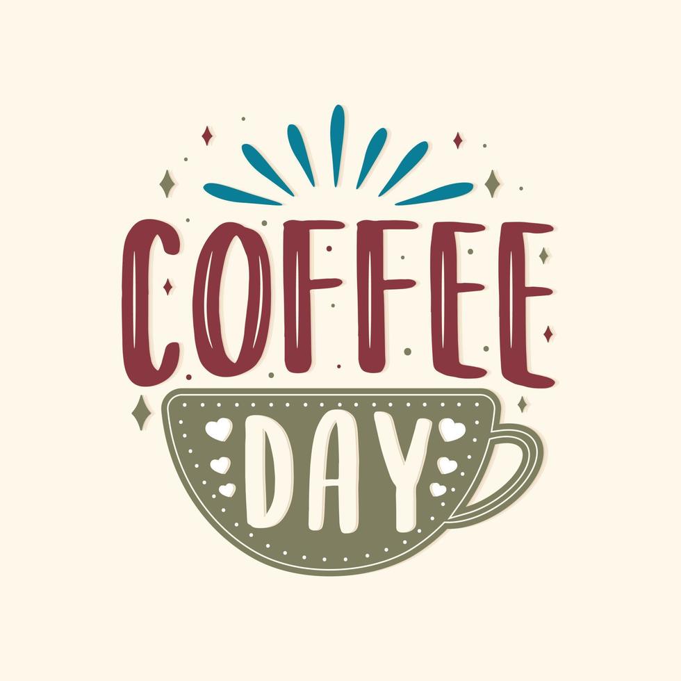 día internacional del café. logotipo vectorial dibujado a mano con letras y capuchino con fondo. vector