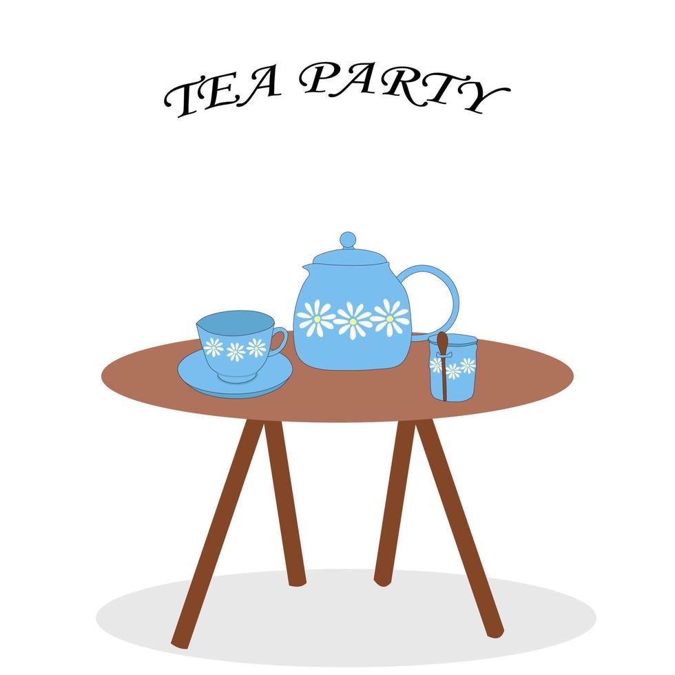 set of teapot teapot and cups of blue flowers on the table.Vector illustration of tea drinking vector