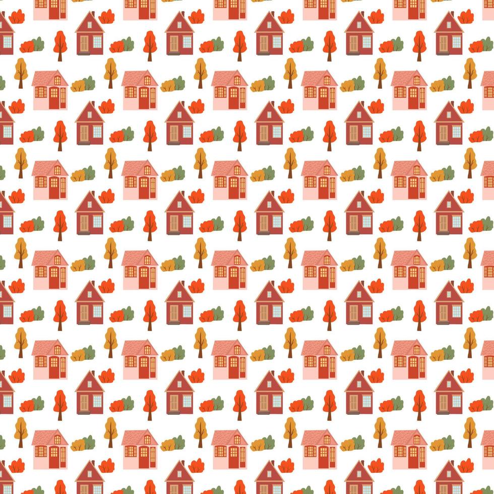 Seamless pattern with cute houses. Autumn trees and houses autumn pattern vector