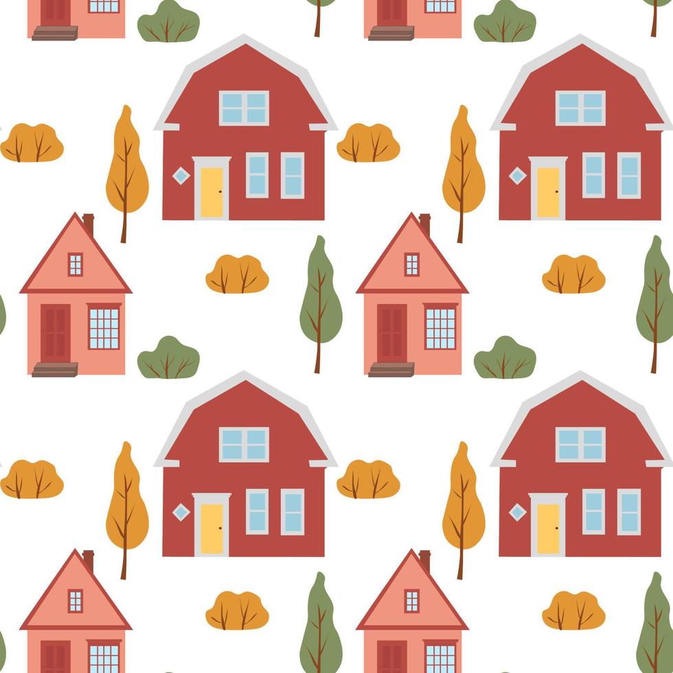 patrón sin costuras con lindas casas. árboles y casas de otoño patrón de otoño vector