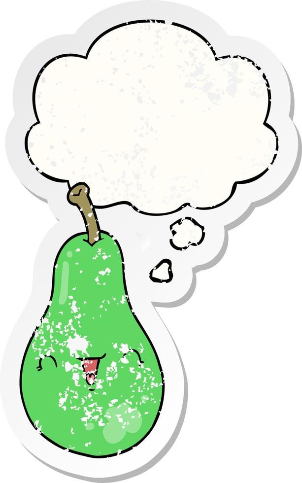 cartoon pear and thought bubble as a distressed worn sticker vector